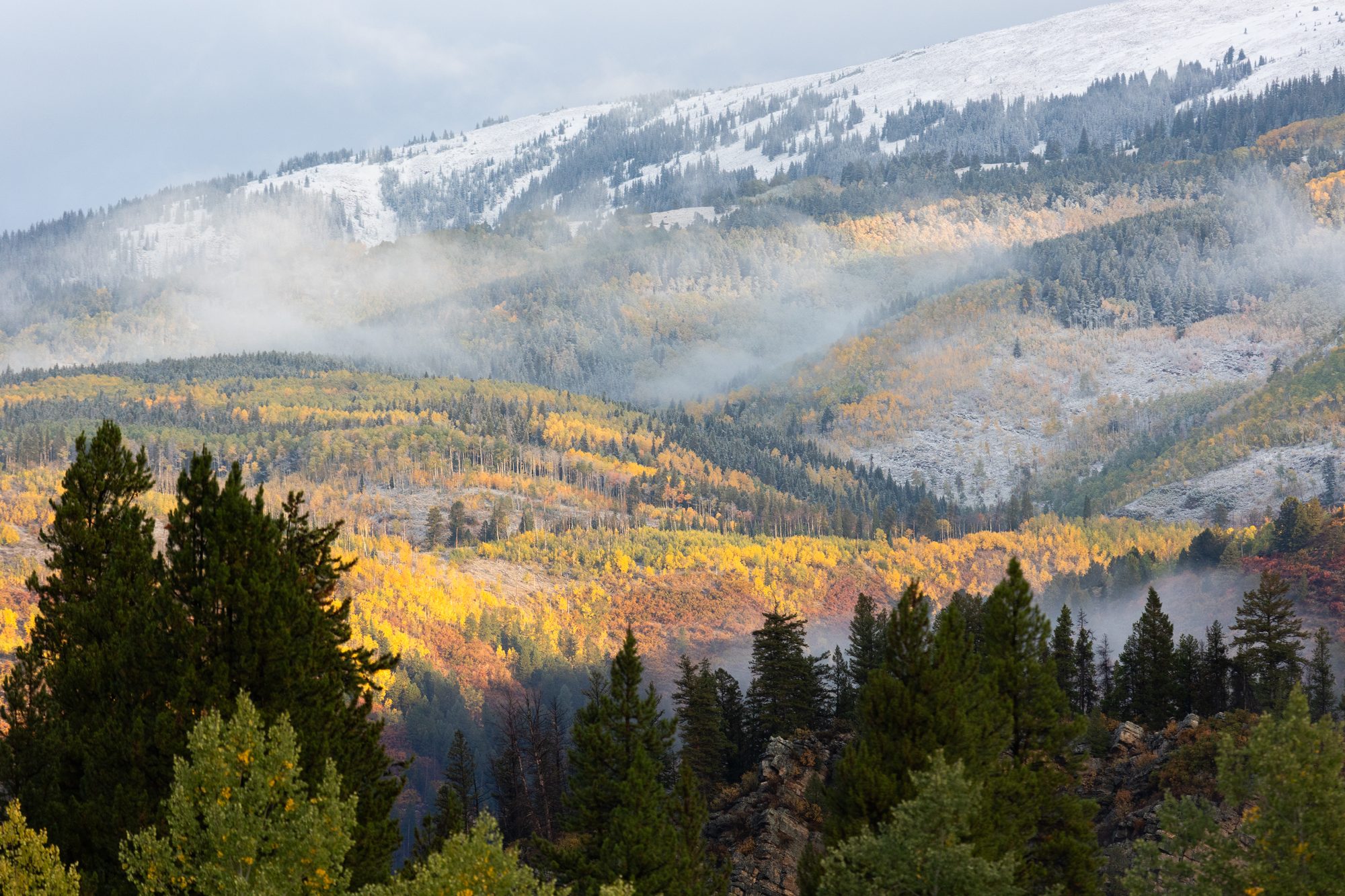 Snow-dusted peaks and fall foliage in the Cariboo