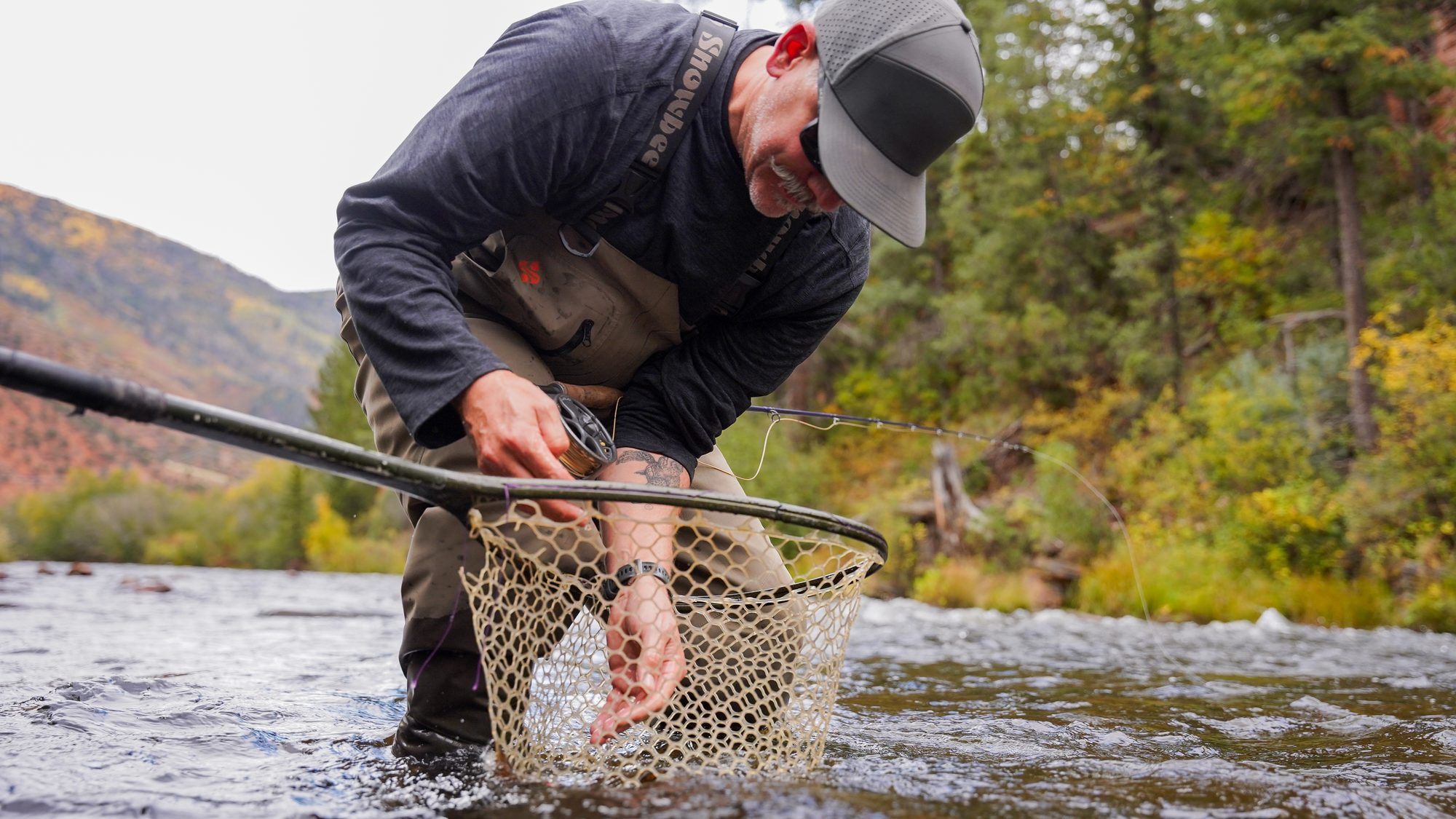 Landing a fish on the river